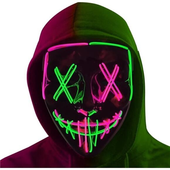PINK GREEN Halloween Mask LED Light Scary Festival Cosplay Costume Masquerade - Picture 1 of 6